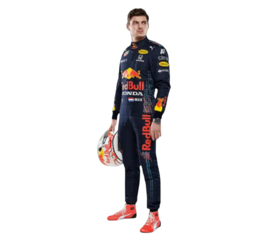 Person wearing a Red Bull racing suit holding a helmet on a white background