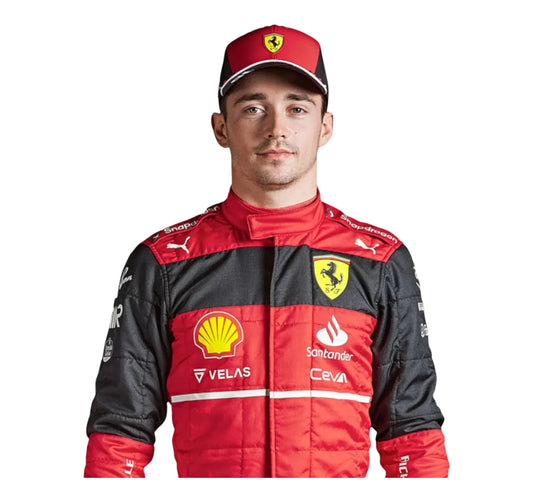 Person wearing a red and black racing suit with various logos on a white background