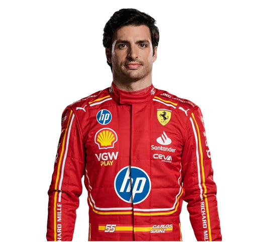 Person wearing a red racing jacket with various sponsor logos on a white background