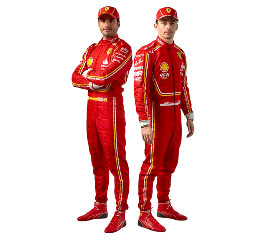 Two individuals wearing red racing suits with visible branding on a white background