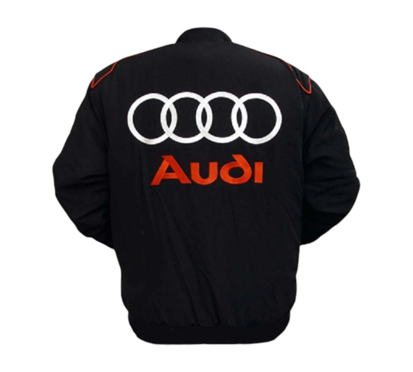 Black jacket with Audi logo on the back against a white background