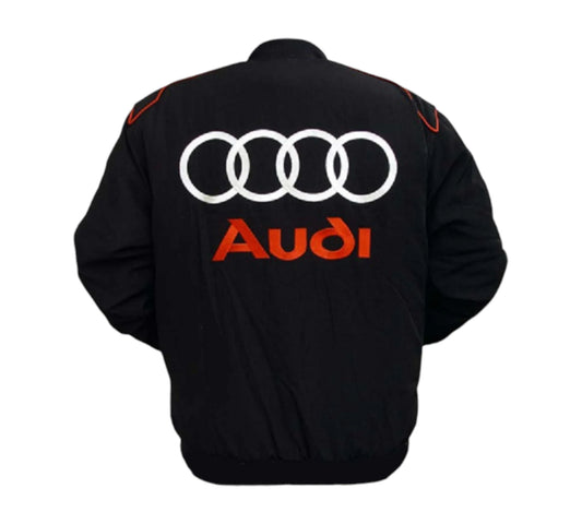 Black jacket with Audi logo on the back against a white background