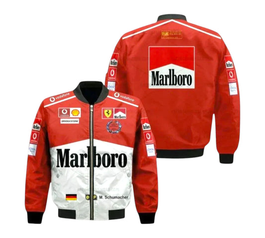Red racing jacket with Marlboro and Ferrari logos on a white background