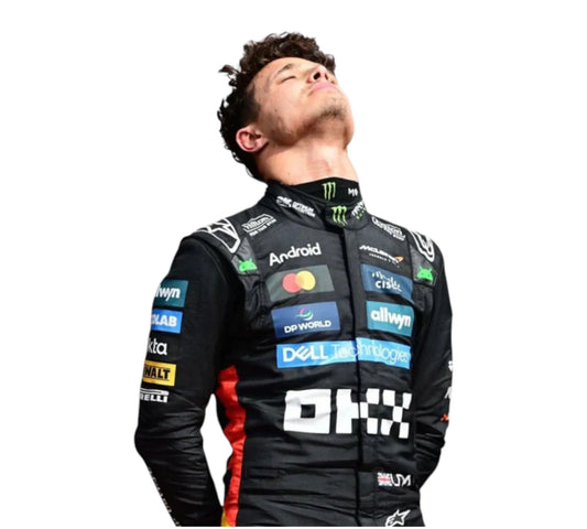 Person wearing a black racing suit with various sponsor logos on a white background