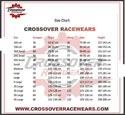 Size chart for Crossover Racewears with measurements in centimeters