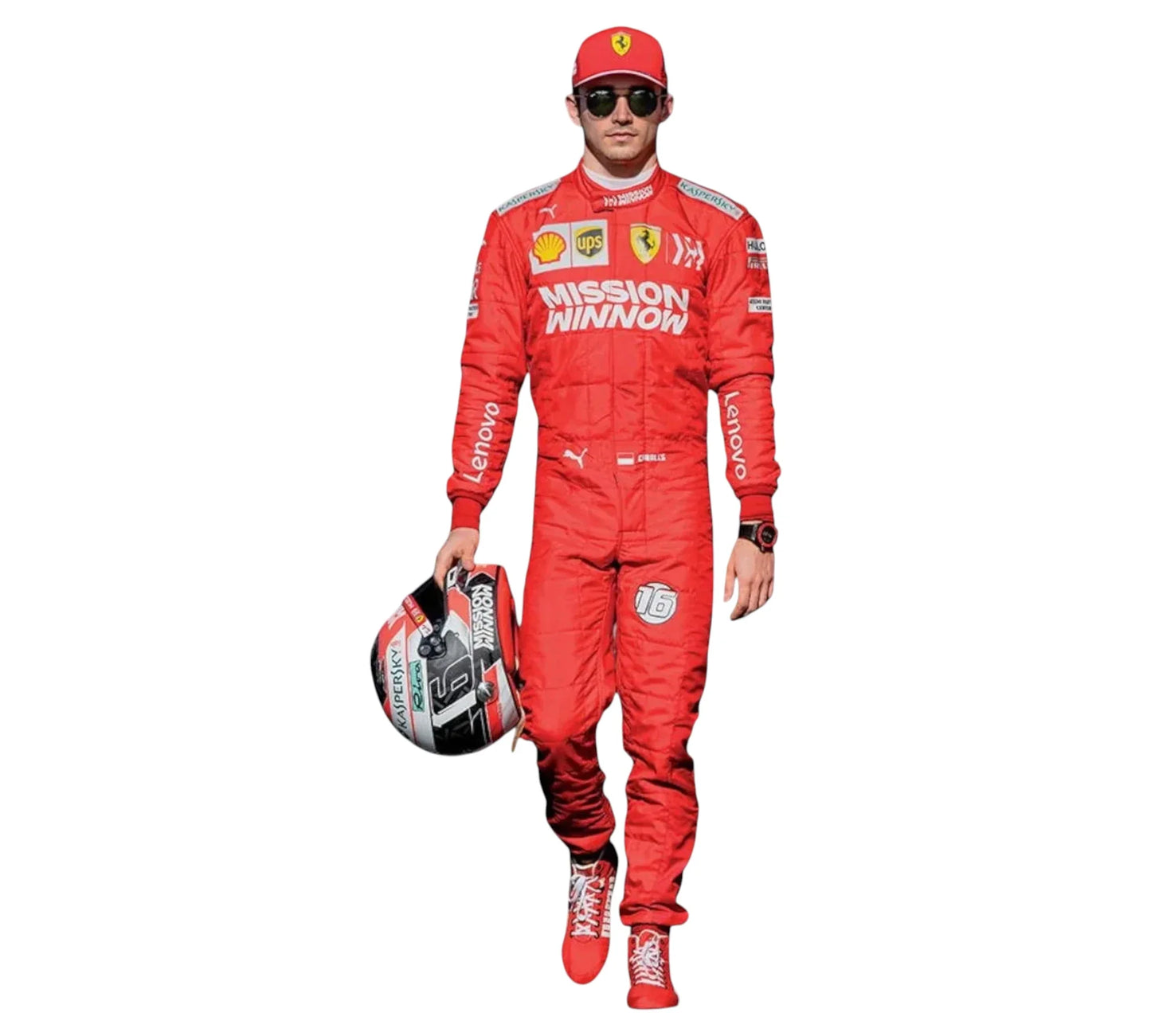 Person wearing a red racing suit with various sponsor logos on a white background