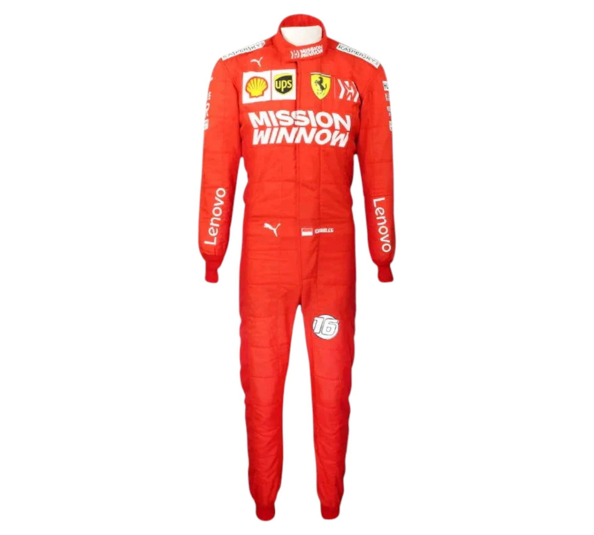 Red racing suit with various brand logos on a white background