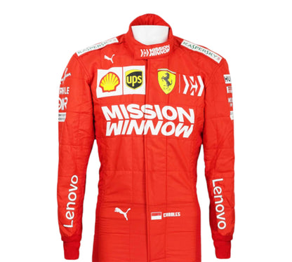 Red racing suit with various sponsor logos on a white background