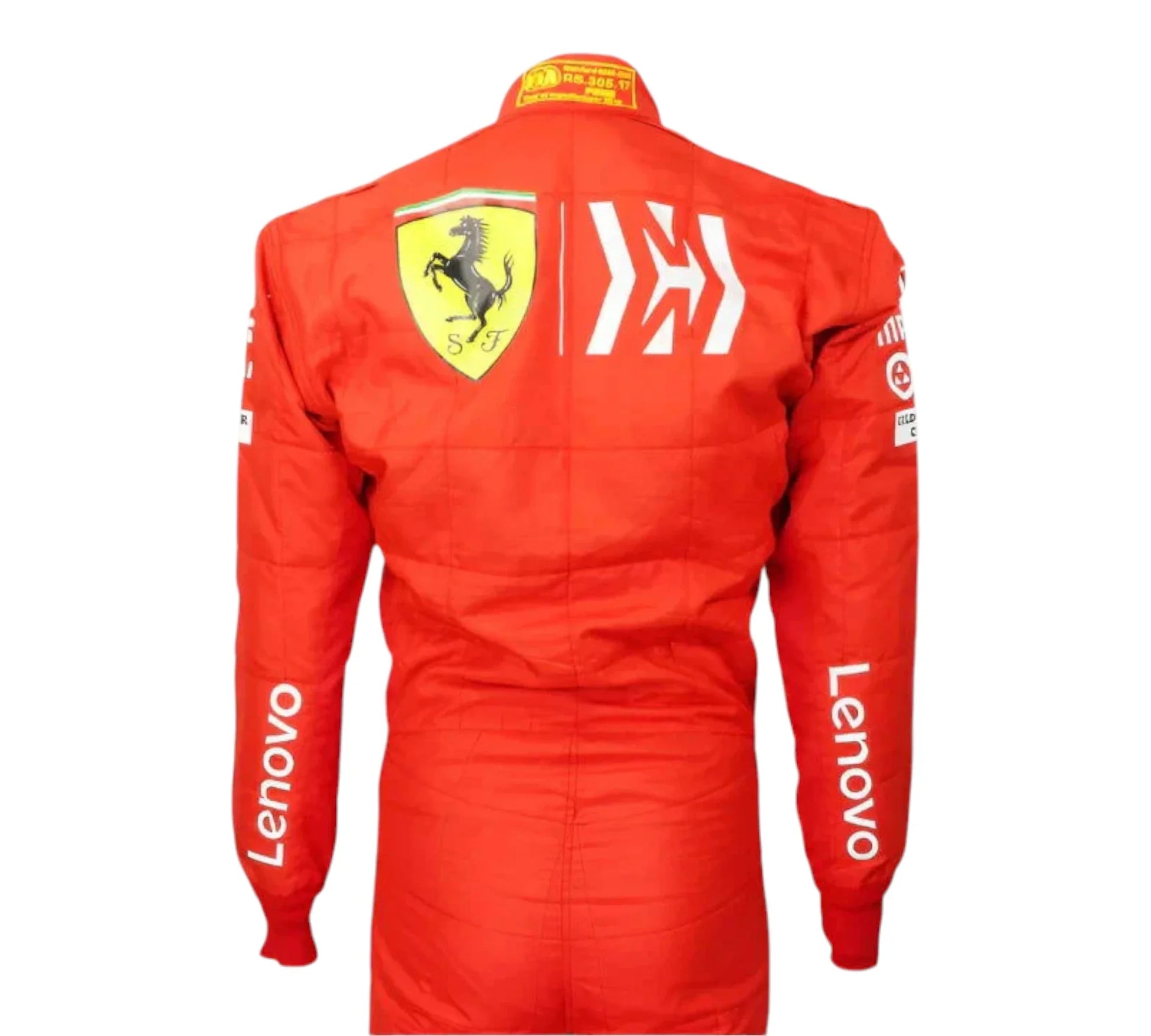 Red racing suit with Ferrari logo and Lenovo branding on a white background