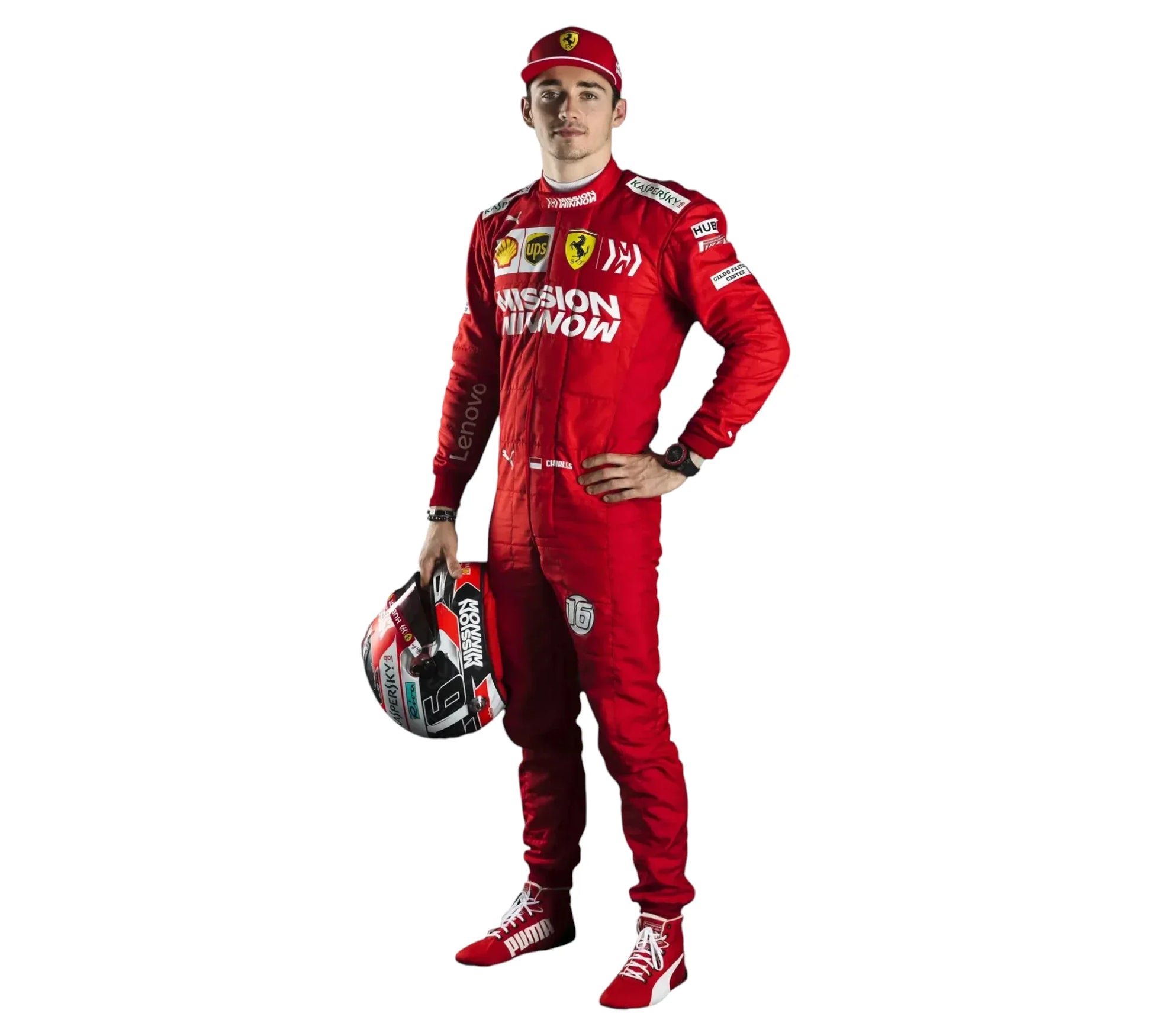 Person wearing a red racing suit with visible branding on a white background
