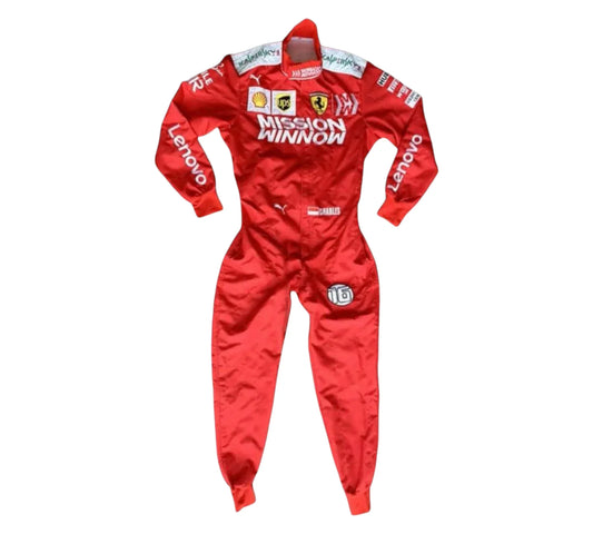 Red racing suit with various logos on a white background
