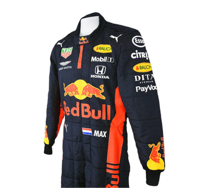 Formula racing suit with various sponsor logos on a white background