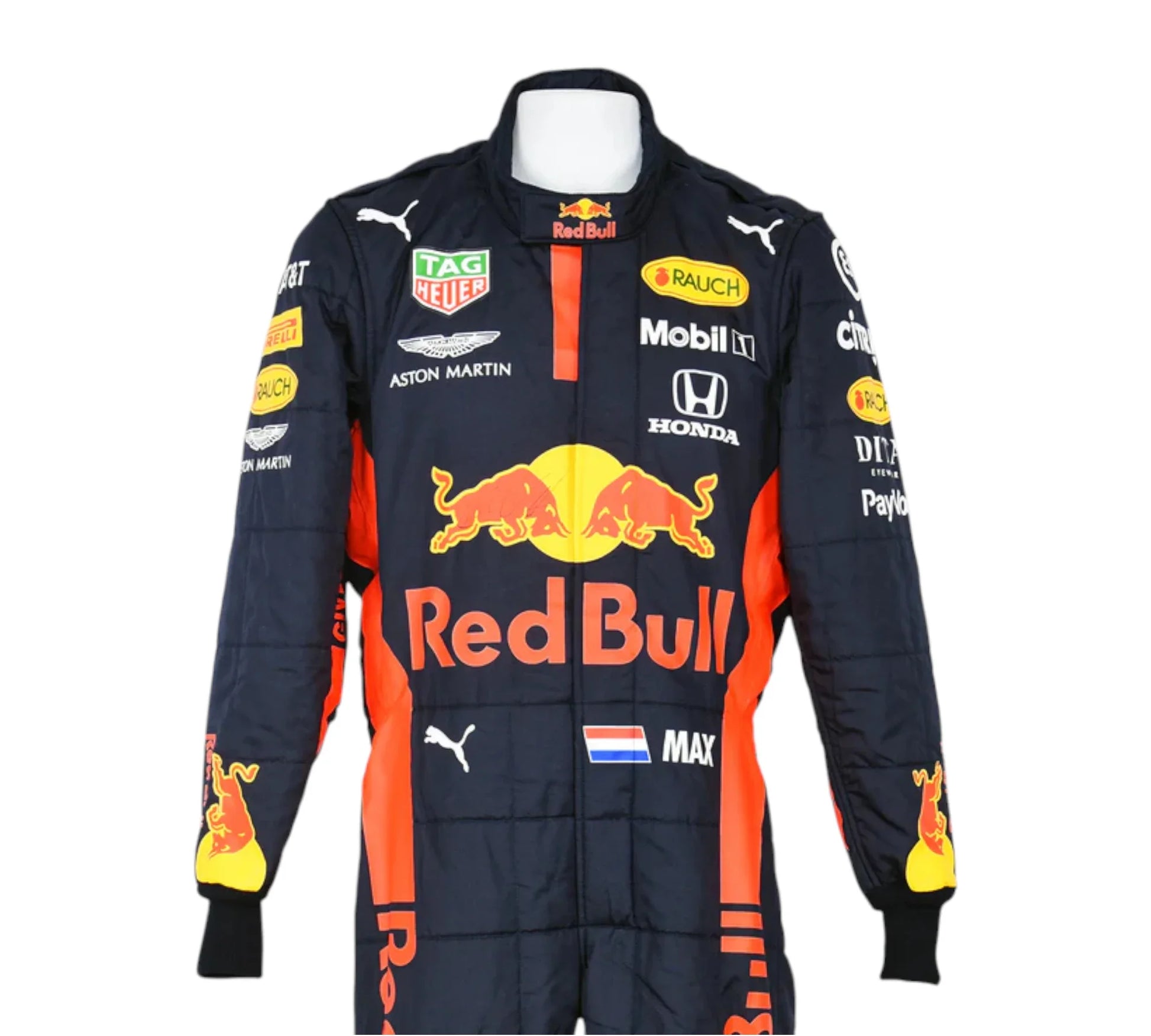 Formula 1 racing suit with Red Bull and Aston Martin logos on a white background