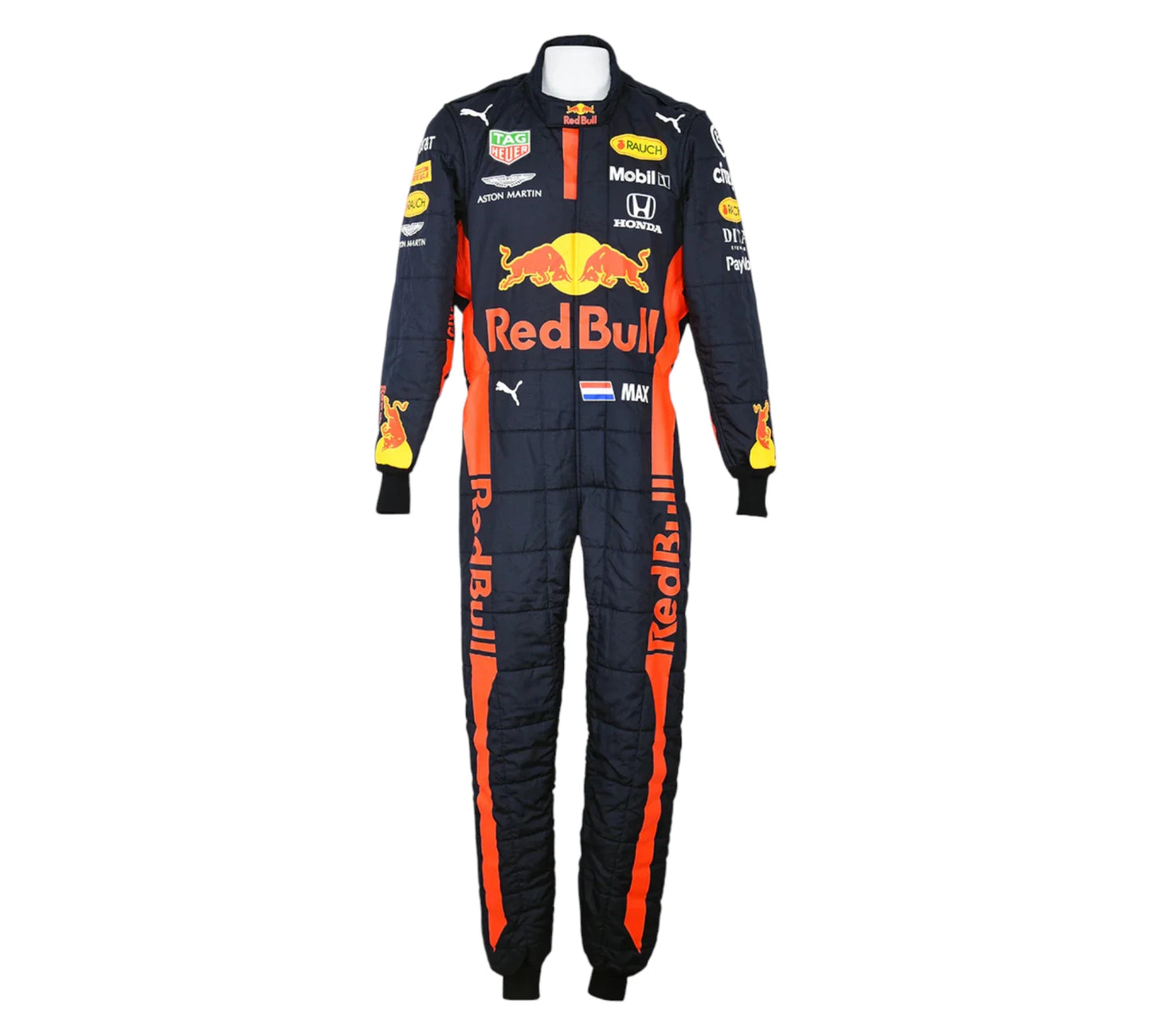 Black and orange racing suit with Red Bull branding on a white background