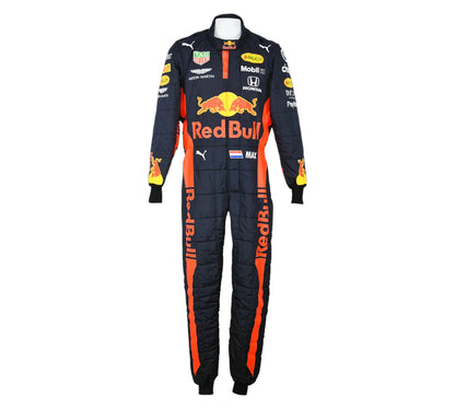 Black and orange racing suit with Red Bull branding on a white background
