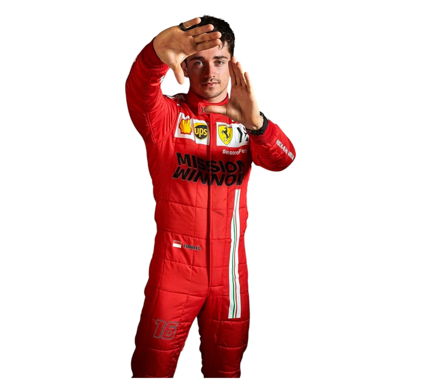 Person wearing a red racing suit with visible branding on a white background