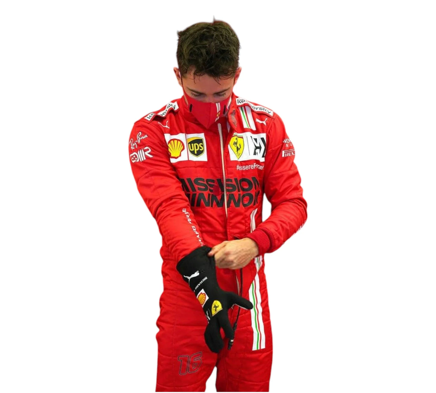 Person wearing a red racing suit with various sponsor logos on a white background