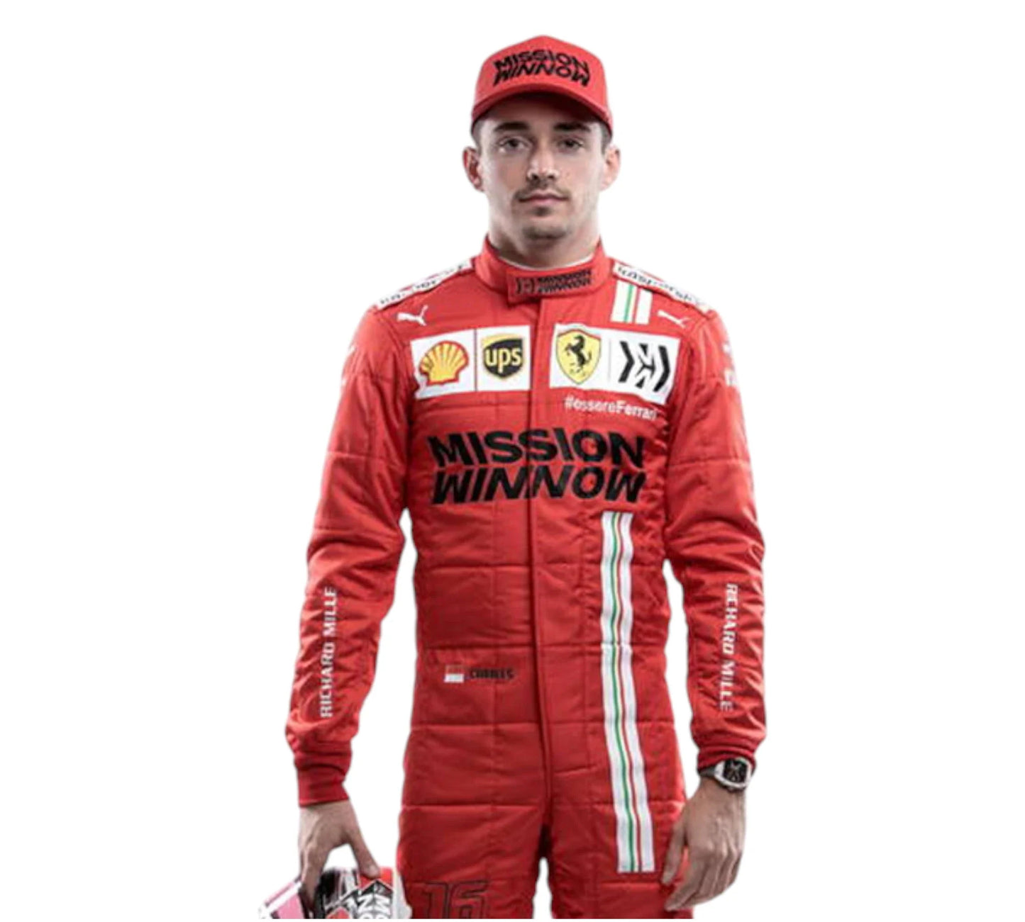Person wearing a red racing suit with various sponsor logos on a white background