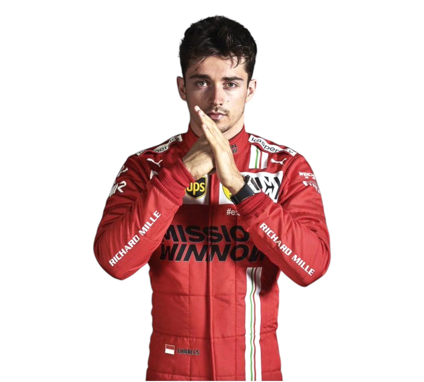 Person wearing a red racing suit with various logos on a white background