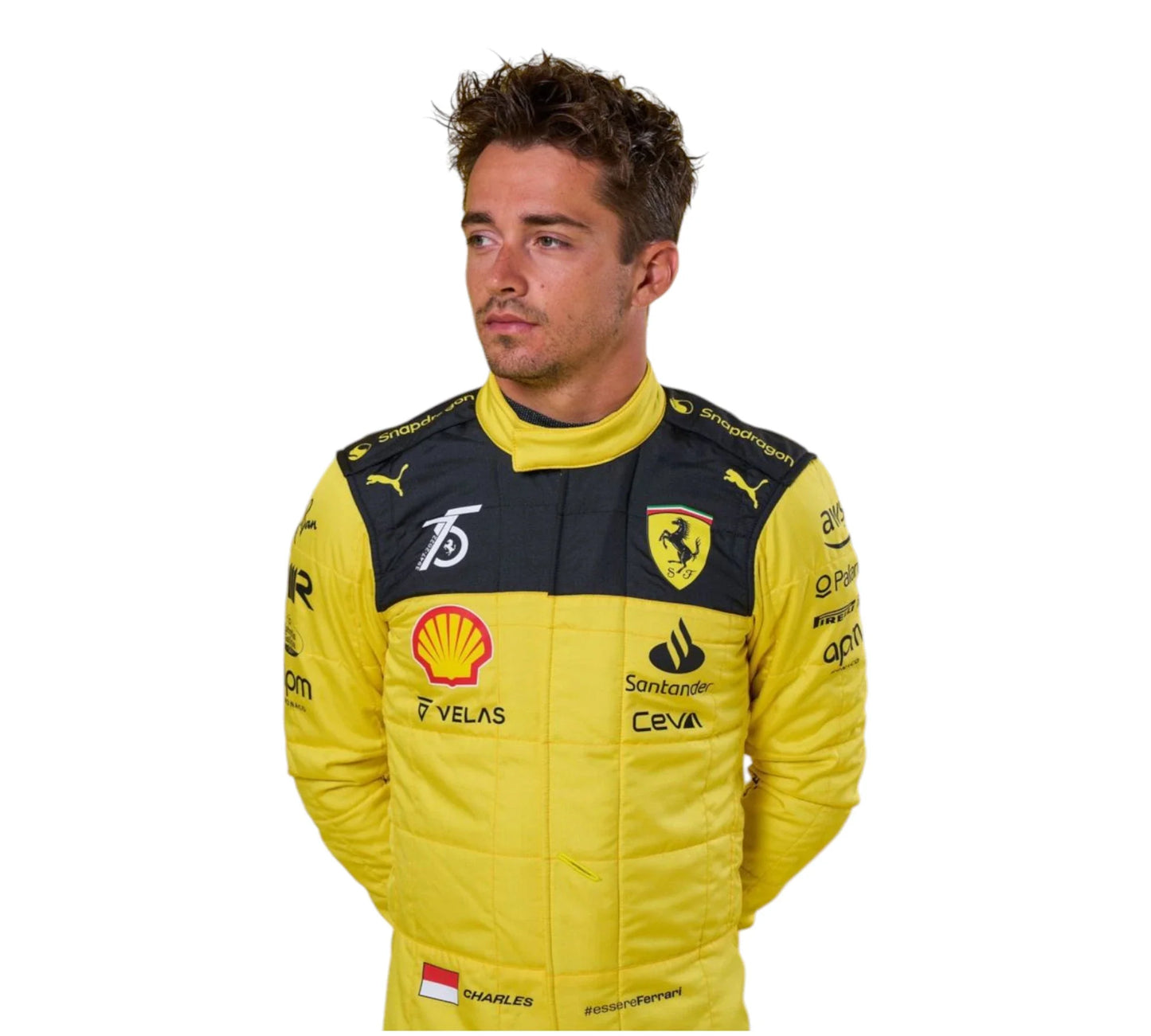 Person wearing a yellow racing suit with various sponsor logos on a white background