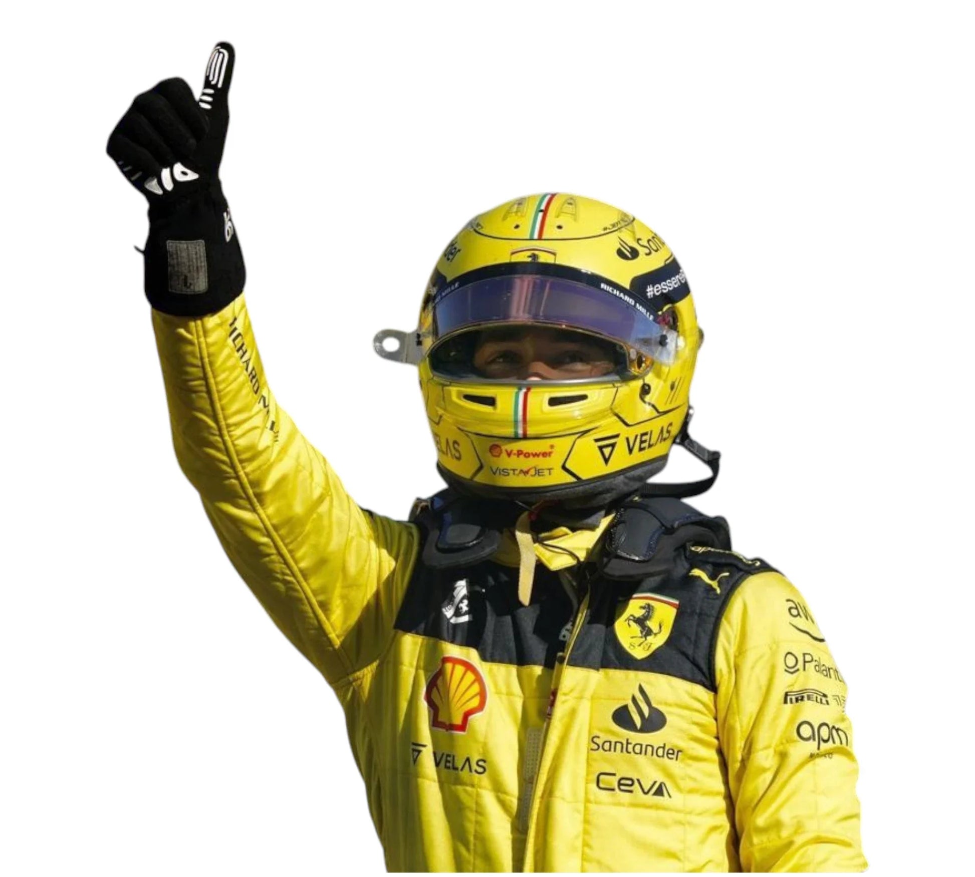 Person in a yellow racing suit and helmet with visible branding, pointing forward.