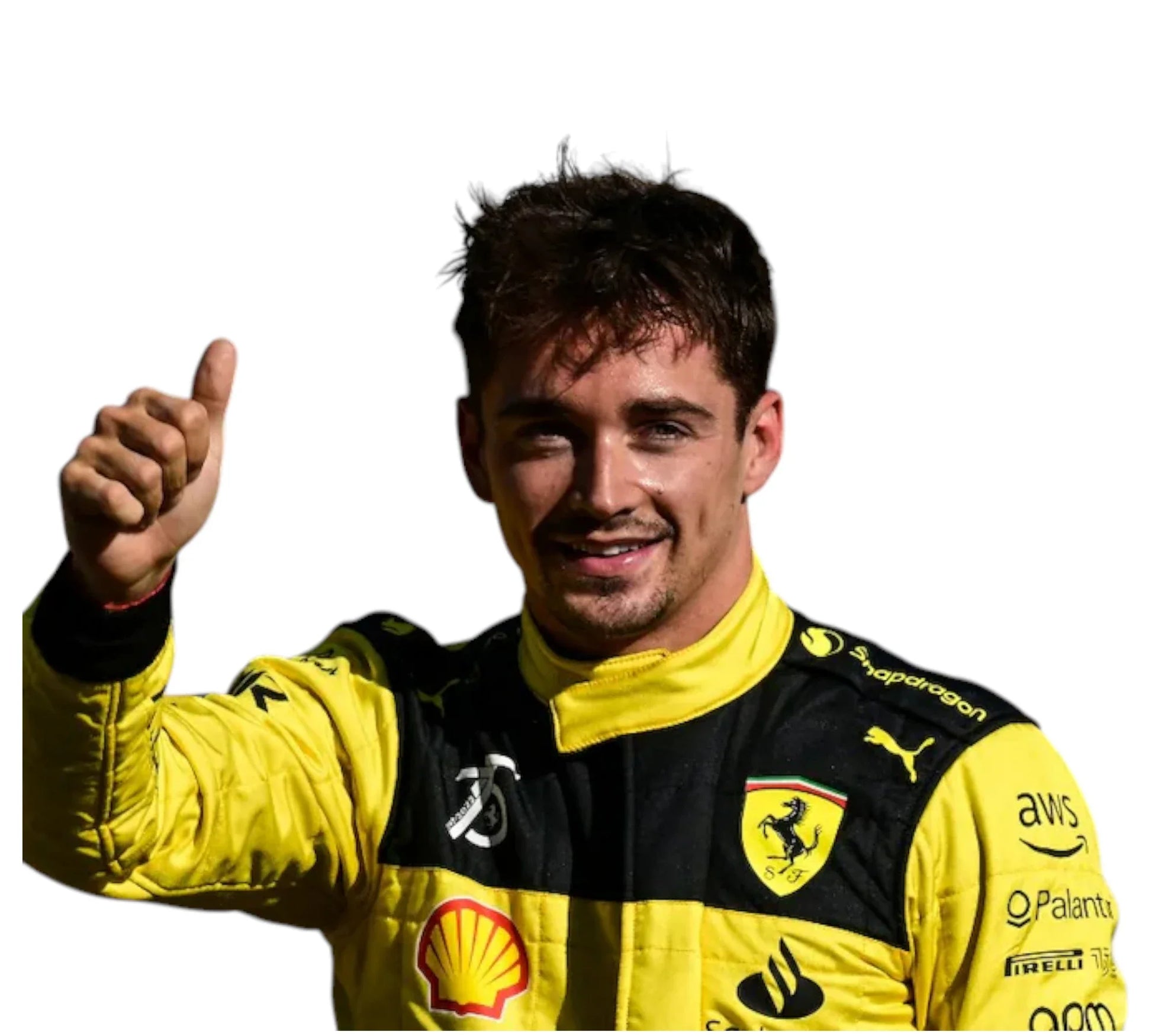Person wearing a yellow and black racing suit with sponsor logos, giving a thumbs-up gesture.