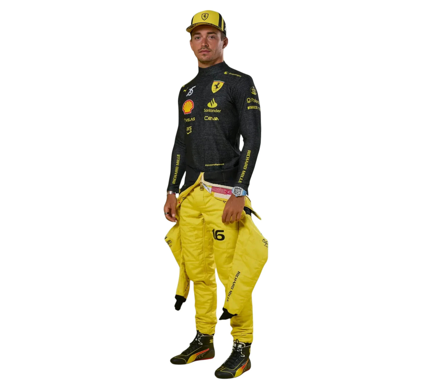 Person wearing a black and yellow racing suit with visible branding on a white background