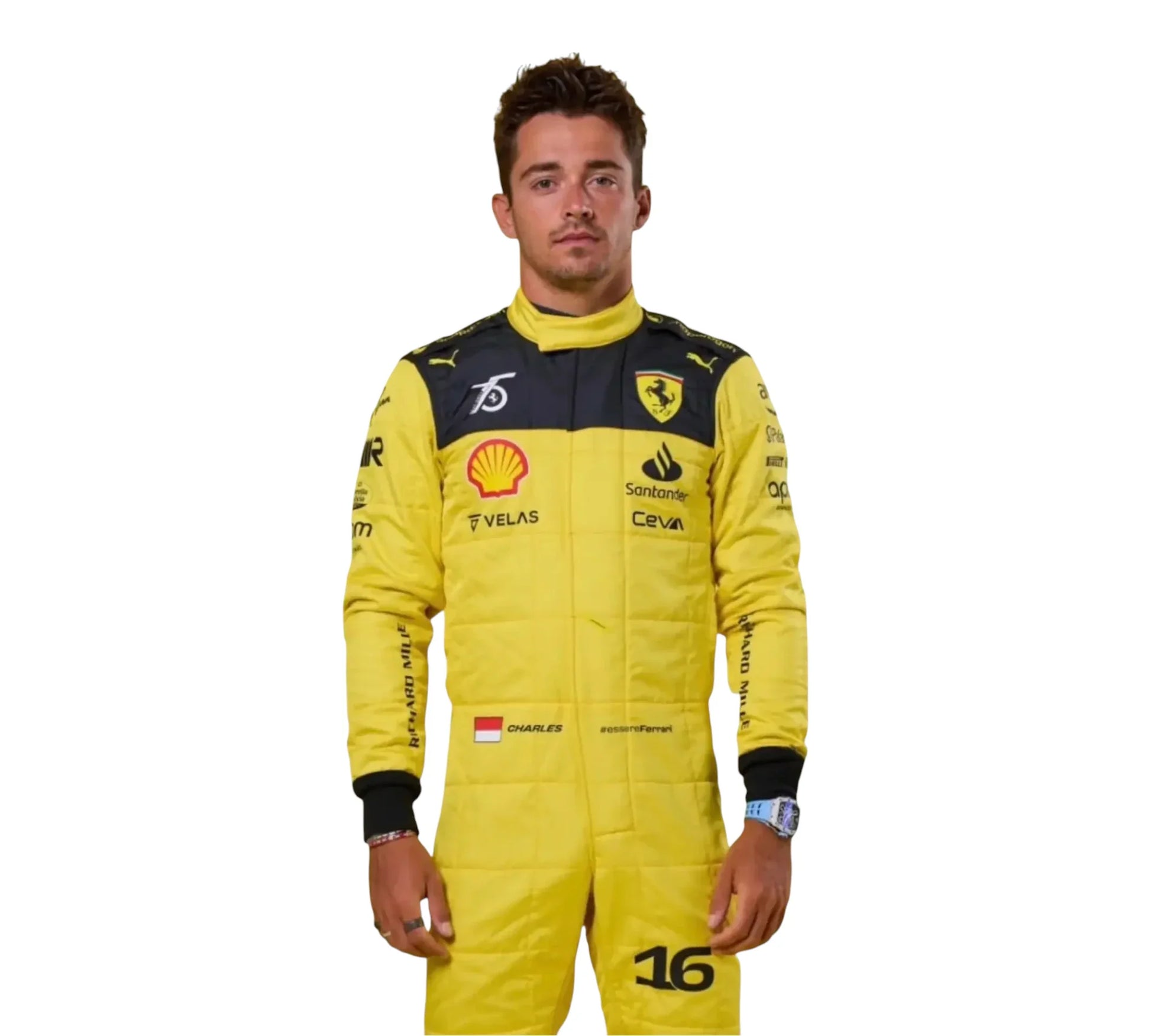 Person wearing a yellow racing suit with sponsor logos on a white background