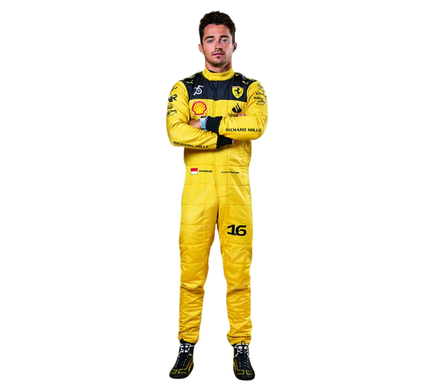 Person wearing a yellow racing suit with sponsor logos on a white background
