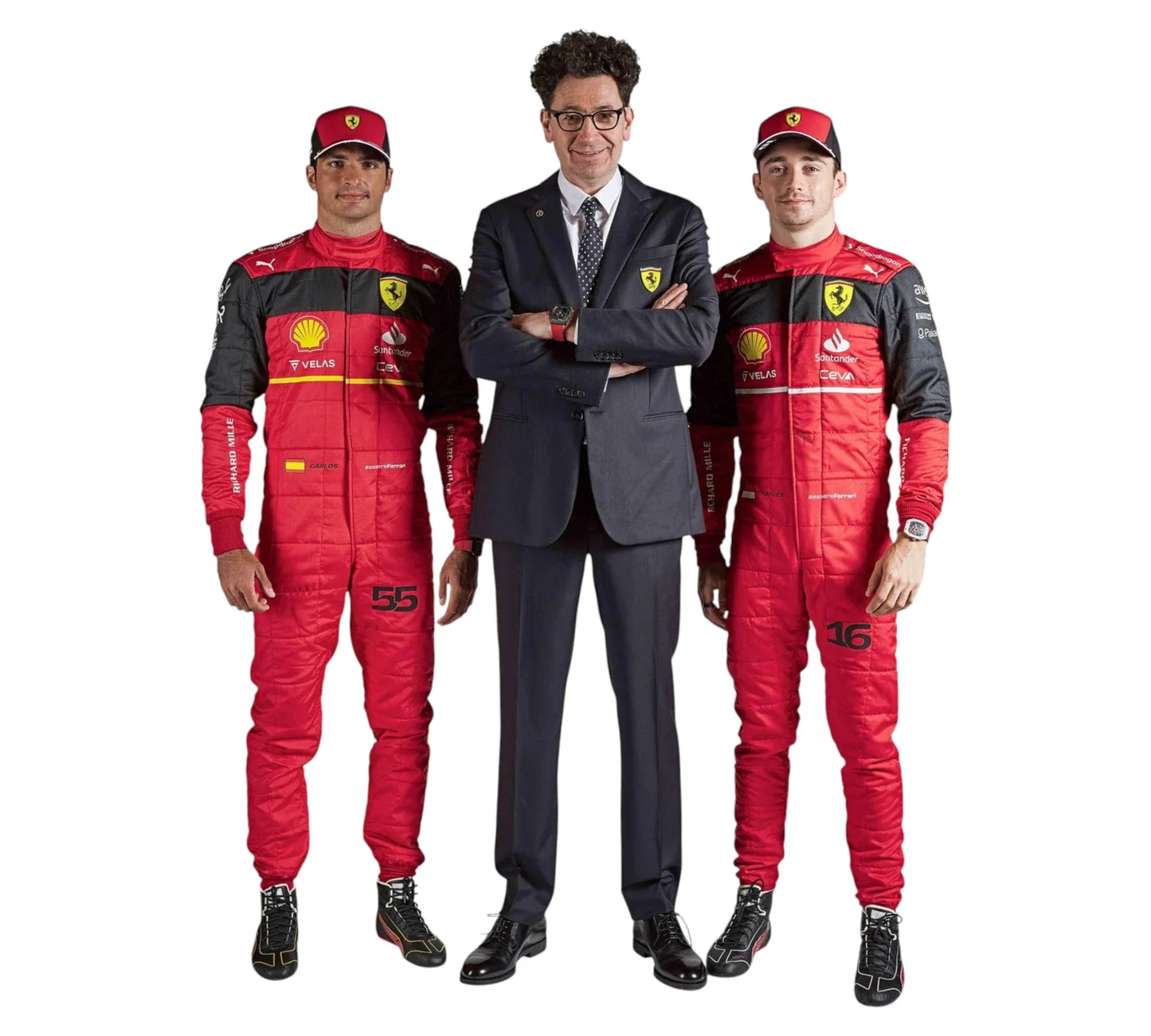 Two individuals in red racing suits with a person in a suit standing between them on a white background