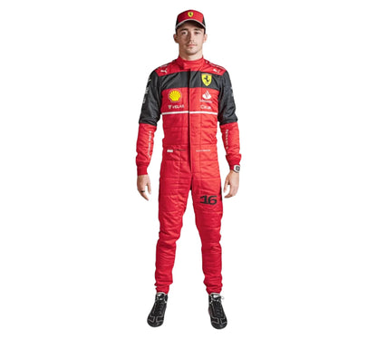 Person wearing a red and black racing suit with visible branding on a white background
