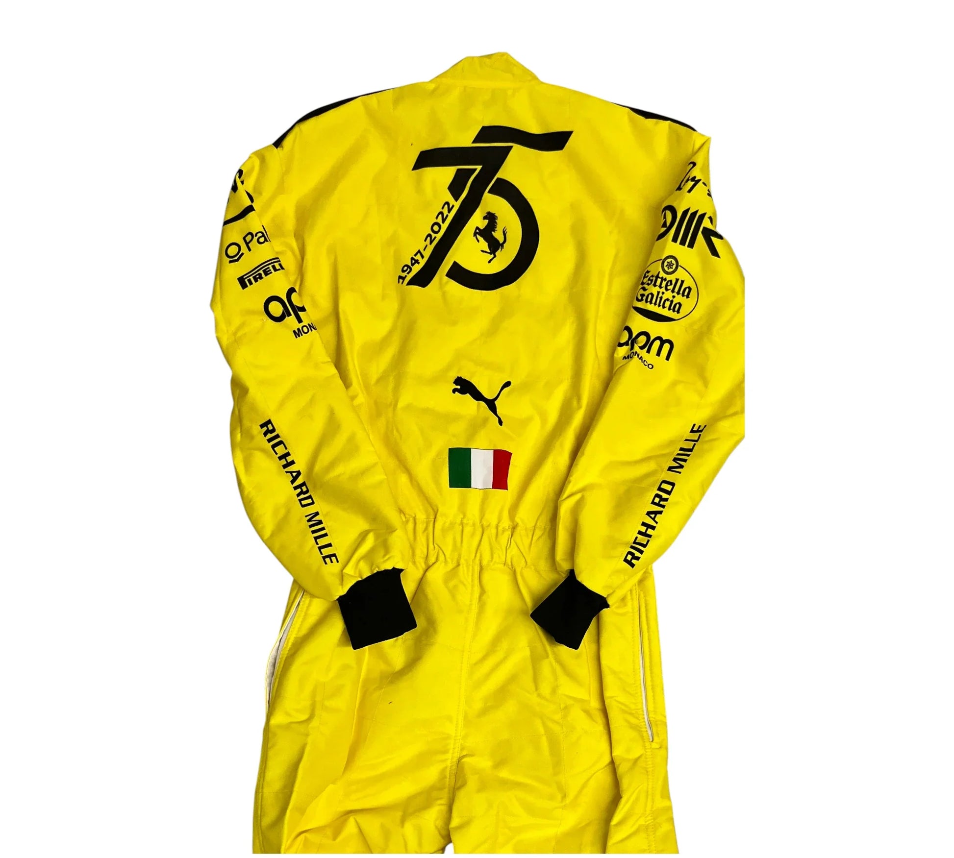 Yellow racing suit with various logos on a white background