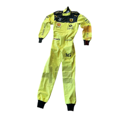 Yellow racing suit with black accents and branding on a white background