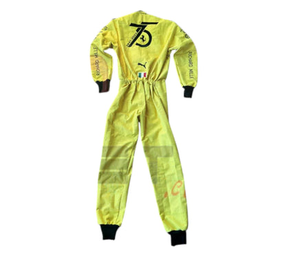 Yellow racing suit with branding on a white background