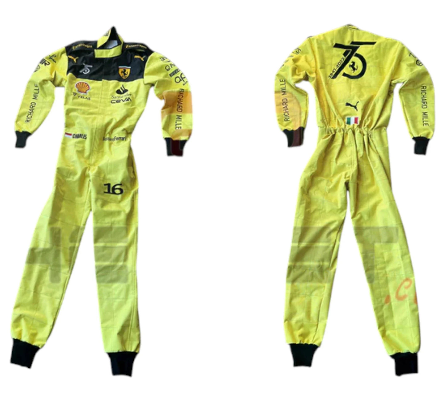 Yellow racing suit with various logos on a white background