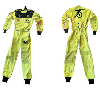 Yellow racing suit with various logos on a white background