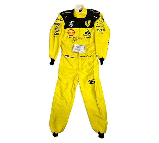 Yellow racing suit with various logos on a white background