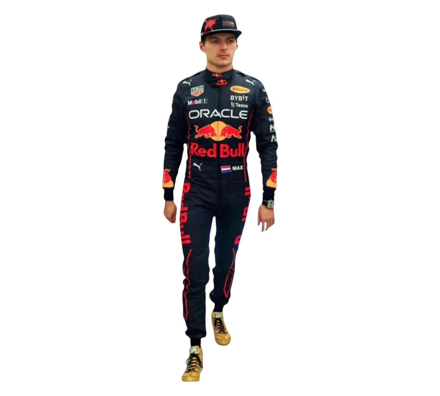 Person wearing a Red Bull racing suit on a white background