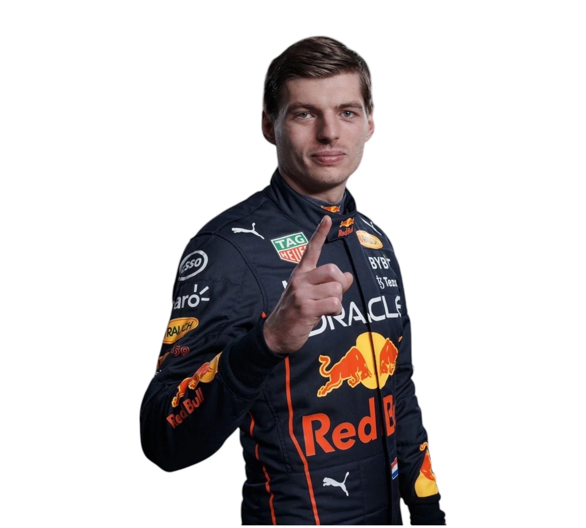 Person wearing a Red Bull racing suit with various sponsor logos on a white background
