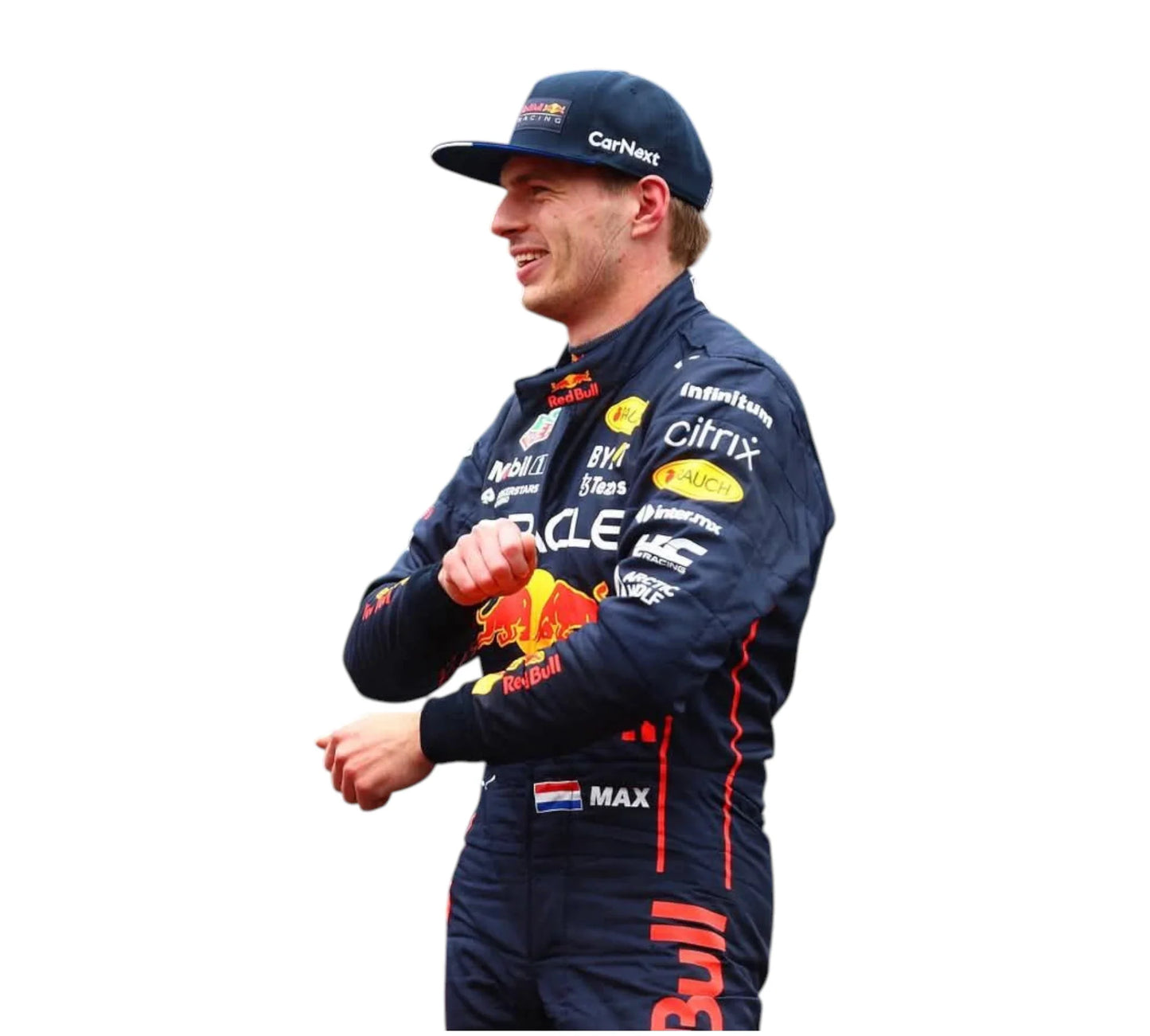 Person wearing a Formula 1 racing suit with various sponsor logos on a white background