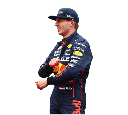 Person wearing a Formula 1 racing suit with various sponsor logos on a white background