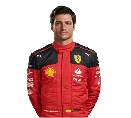 Person wearing a red and black racing jacket with various sponsor logos on a white background