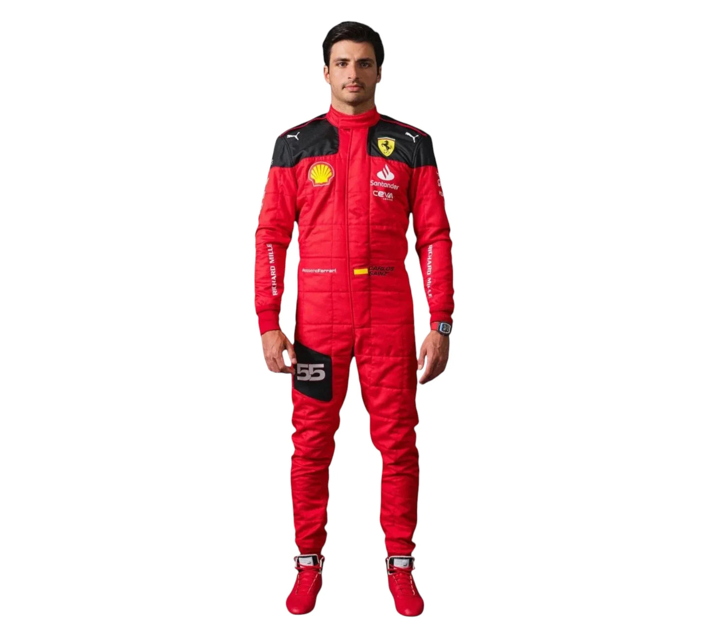 Person wearing a red racing suit with sponsor logos on a white background
