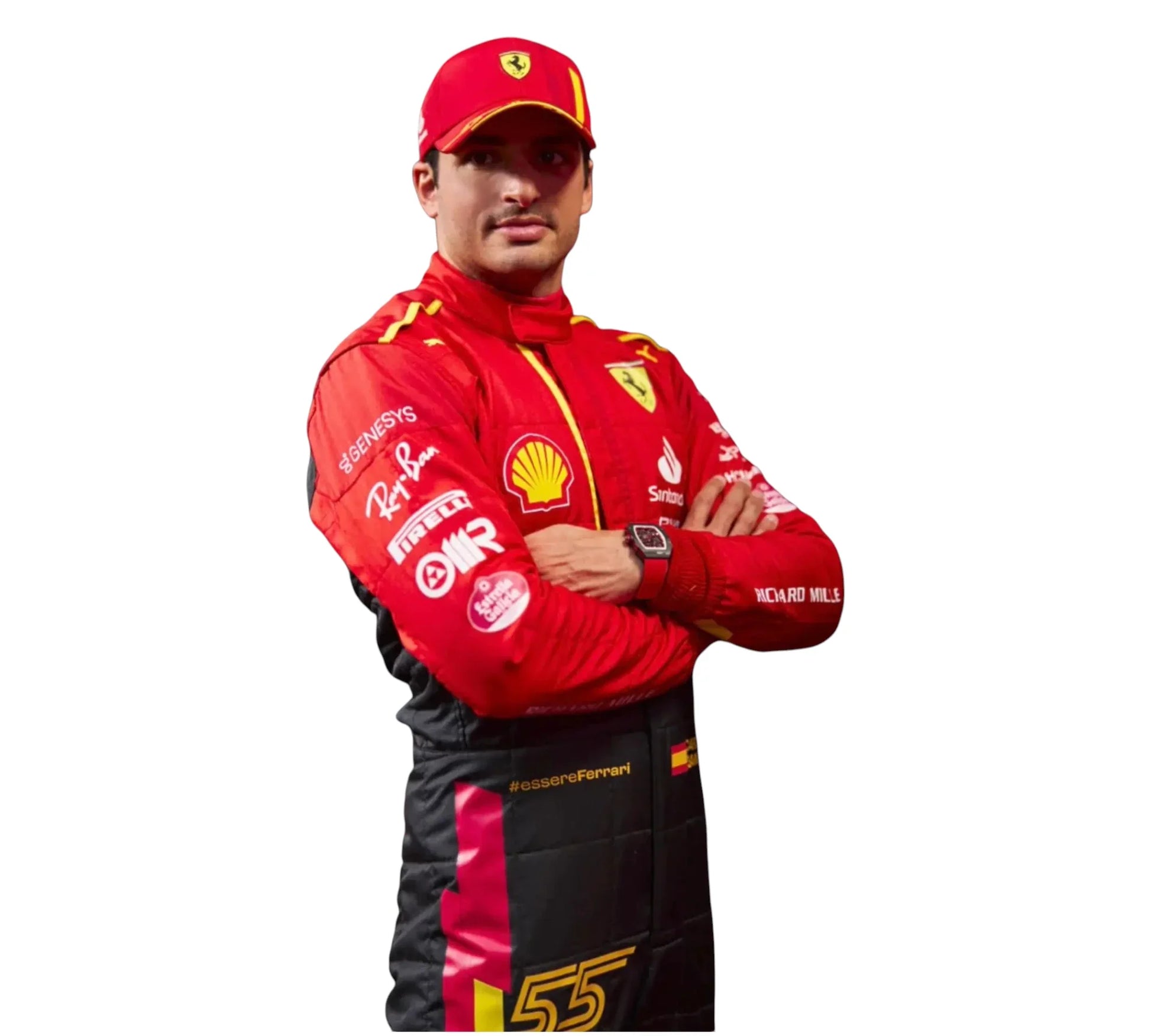 Person wearing a red racing suit with various sponsor logos on a white background