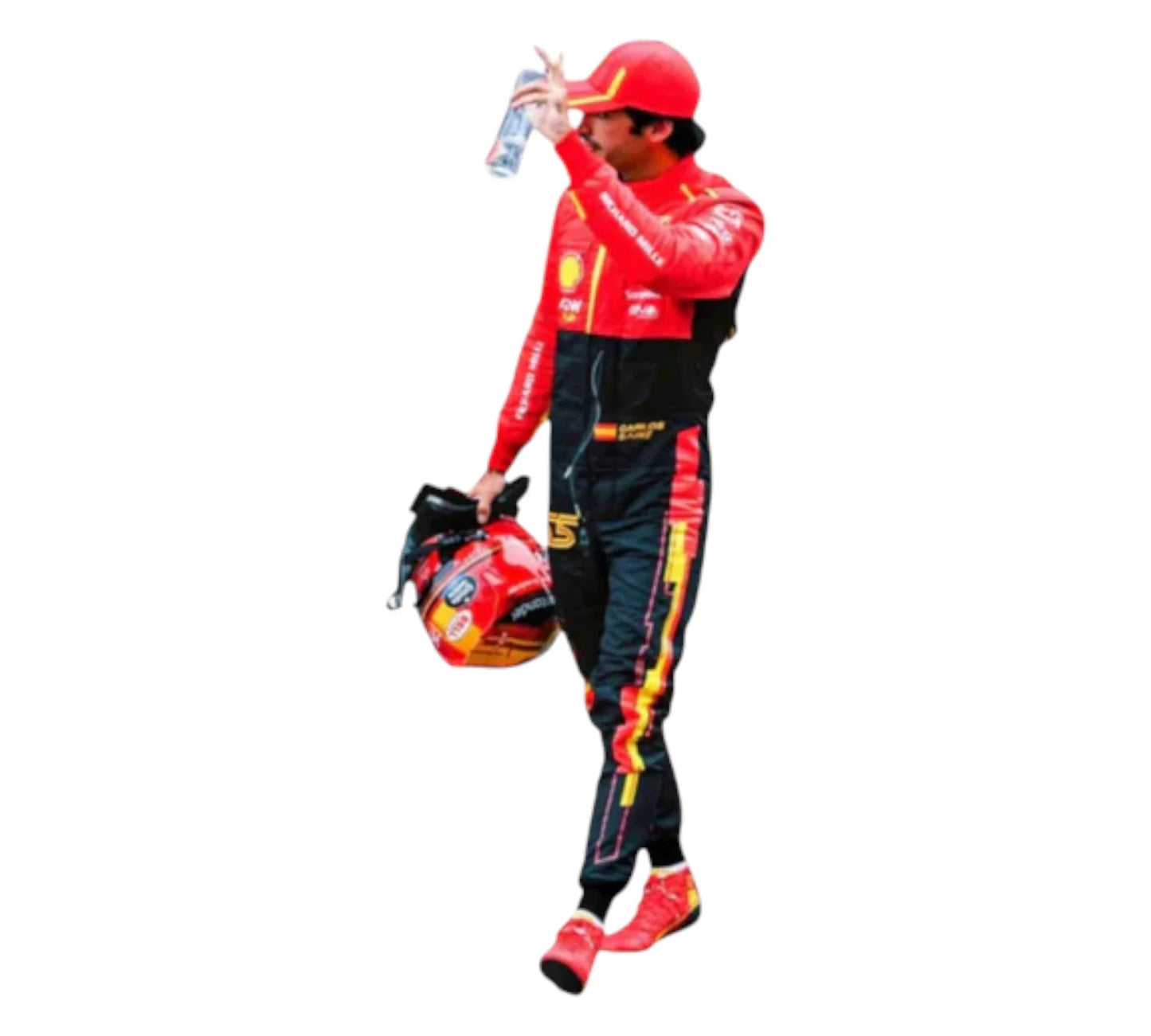 Person holding a model car with branding on a white background