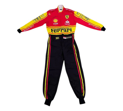 Red, black, and yellow Ferrari racing suit on a white background