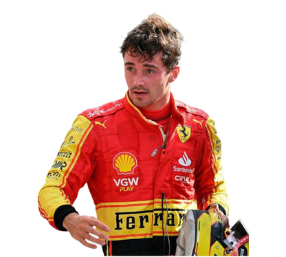 Person wearing a red and yellow racing suit with various sponsor logos on a white background