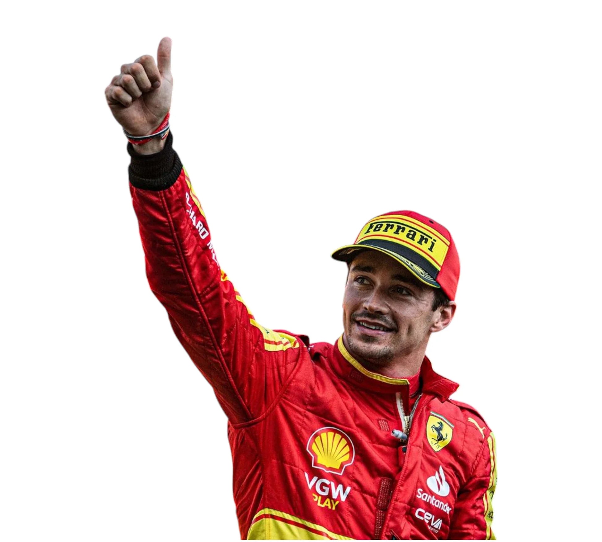 Person wearing a red racing suit with Ferrari and Shell logos, giving a thumbs-up gesture.