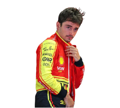 Person wearing a red and yellow racing jacket with various sponsor logos on a white background