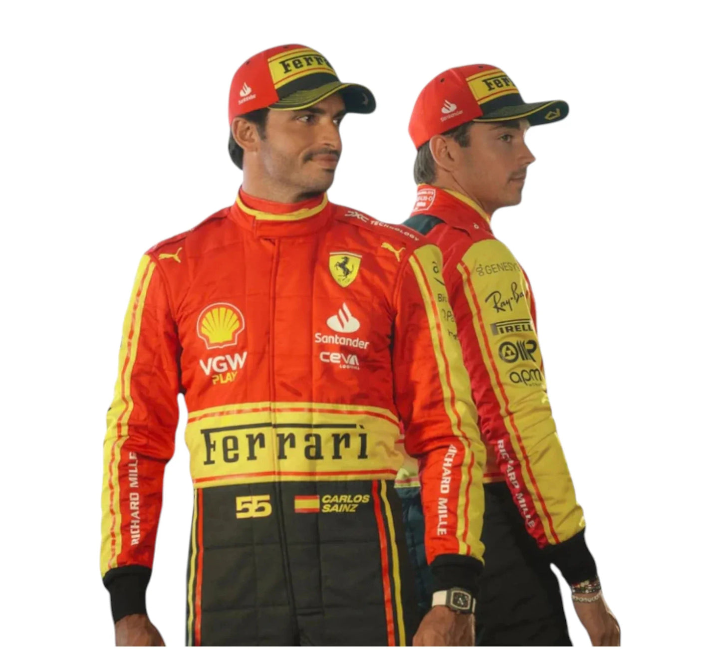 Two individuals wearing red and yellow racing suits with various sponsor logos on a white background.